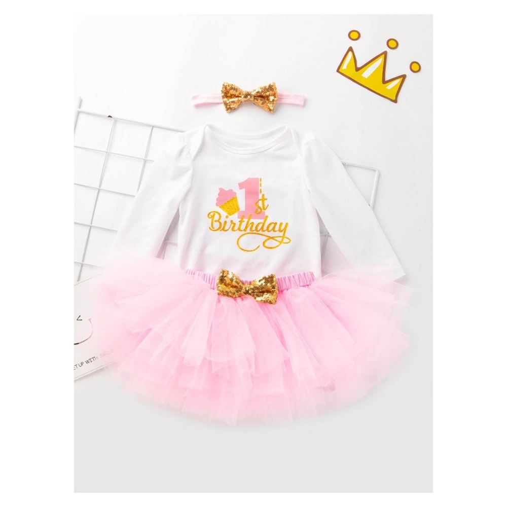 White Pink 3 Piece Onsie Tutu Skirt 1 Birthday Set - Picture 5 of 8